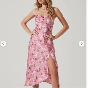 Astr Pink Floral Cowl Neck Midi Dress with Side Slit